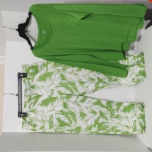 Cropped Pants Lime Green & White Tropical Print Jones New York sz 14
